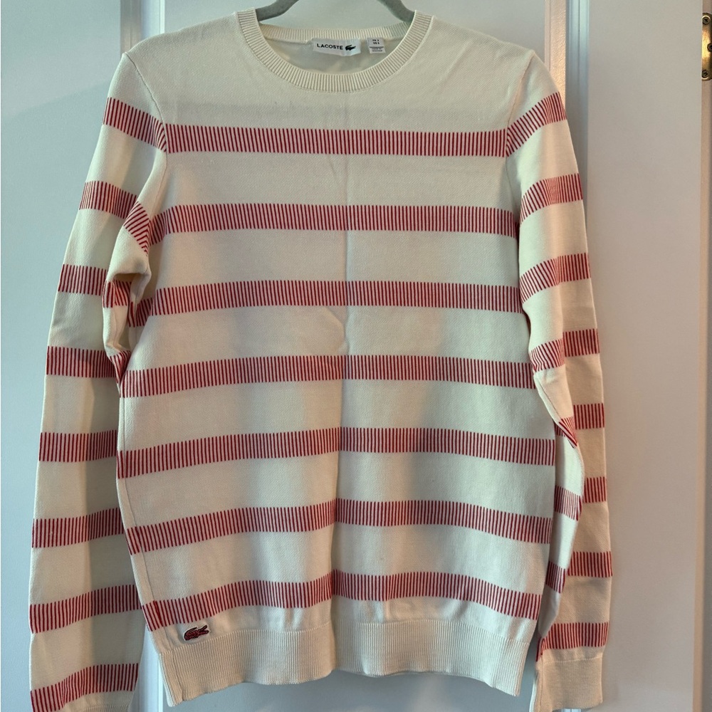 Lacoste Red and Cream Crewneck Sweater with Classic Stripes